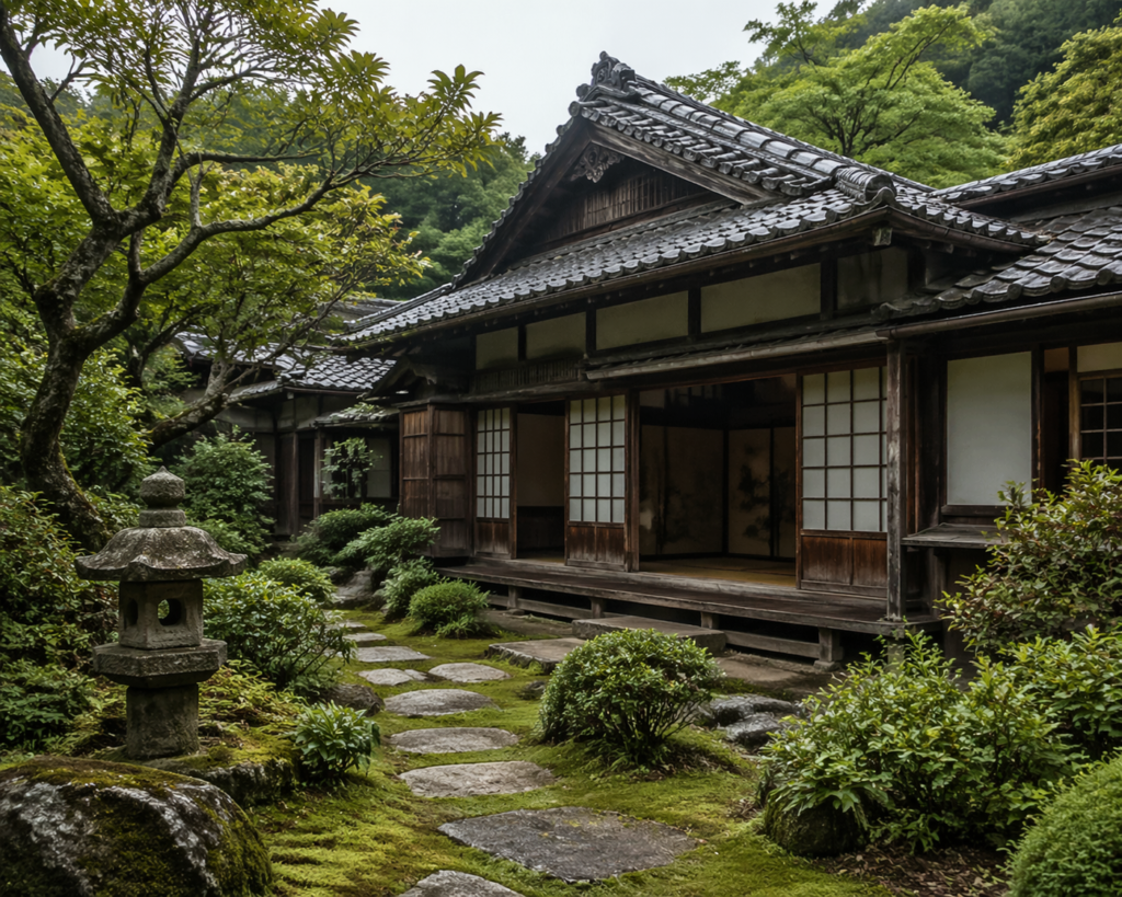 昔ながらの日本家屋に合った庭ですが、全体的に手入れが行き届いておらず、植栽も自然に伸びすぎて少し雑然とした印象があります。
石灯籠や低木は趣がありますが、暗く重たい雰囲気になりやすく、現代的な使いやすさや清潔感にはやや欠けています。