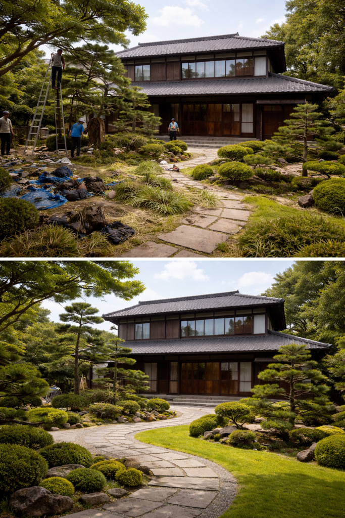 上の画像では、大きな木々や茂った植栽が多く、庭全体がやや密集して見えます。作業員が木の枝を切ったり、不要な部分を整理したりしており、庭の手入れやリノベーションの途中である様子が伝わります。自然の豊かさは感じられる一方で、少し雑然とした印象もあります。下の画像では、同じ家と庭が整備された後の状態が描かれています。木の数が減らされ、枝もきれいに剪定されているため、空間が広く開放的に感じられます。芝生や低木も丁寧に整えられており、全体的に落ち着いた美しさと調和のとれた日本庭園の雰囲気が強調されています。このように、庭の整理や剪定によって、同じ空間でも印象が大きく変わり、より快適で洗練された外観になることがよく分かる比較となっています。